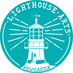 logo of Lighthouse Arts shows a drawing of Nobbys Lighthouse built 1858 within a circle and the words Lighthouse Arts Newcastle