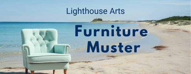 Lighthouse Arts Furniture Muster banner with a light green armchair placed on a beach, with the sea and headland in the background.