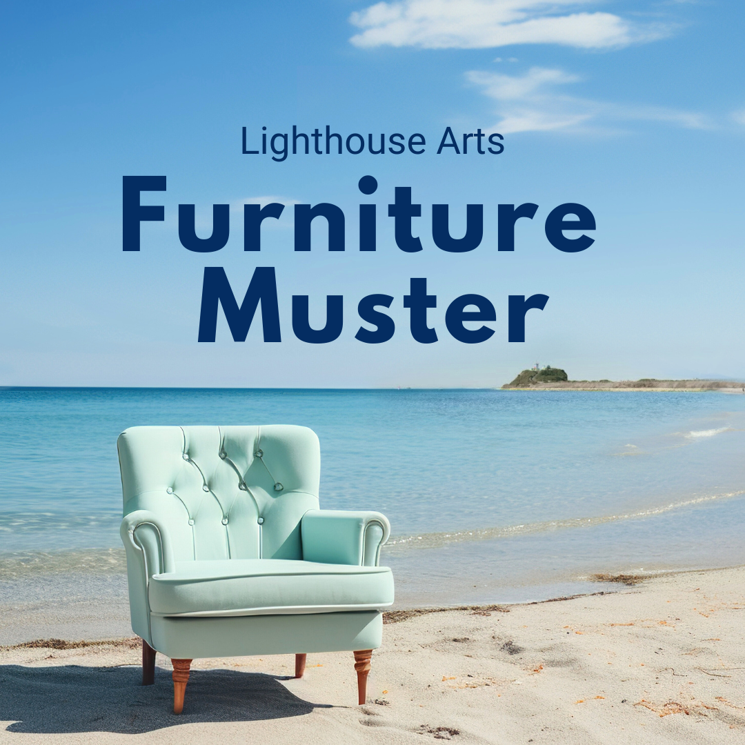 Lighthouse Arts Furniture Muster banner with a light green armchair placed on a beach, with the sea and headland in the background.